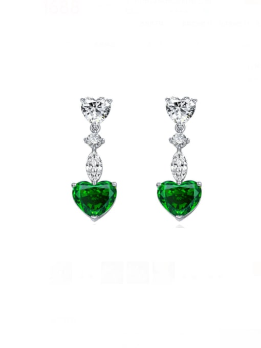 Green [E 1674] 925 Sterling Silver High Carbon Diamond Heart Luxury Cluster Earring